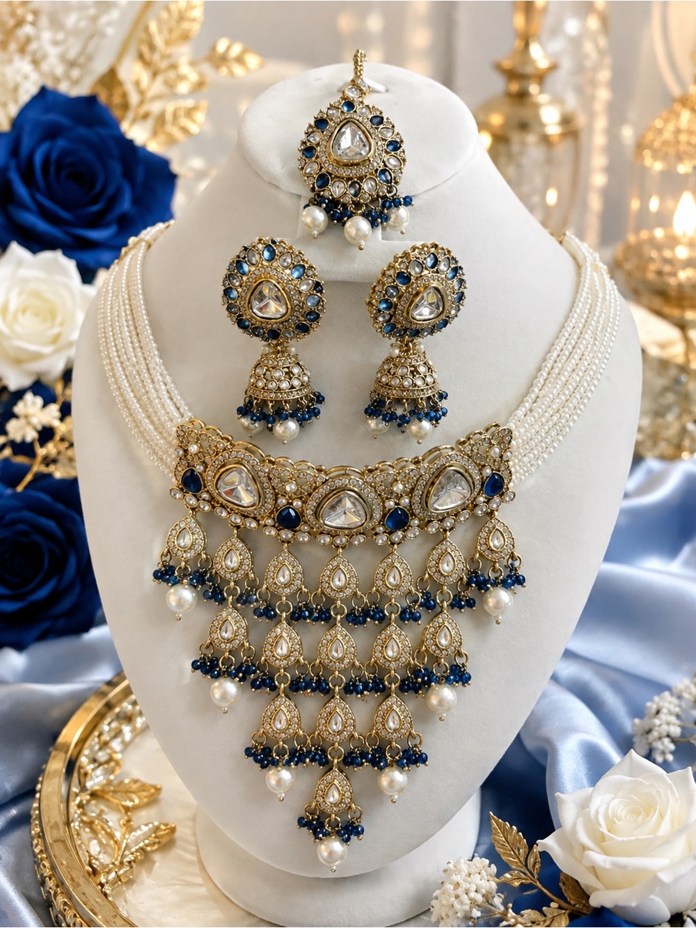 Gold-Plated Pearl & Blue Stone Statement Necklace Set - Women Jewelry